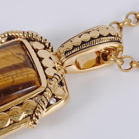 Signed Joan Rivers Tiger Eye Hinged Bail Pendant Gold Tone Necklace 33" Vintage - Picture 12 of 14